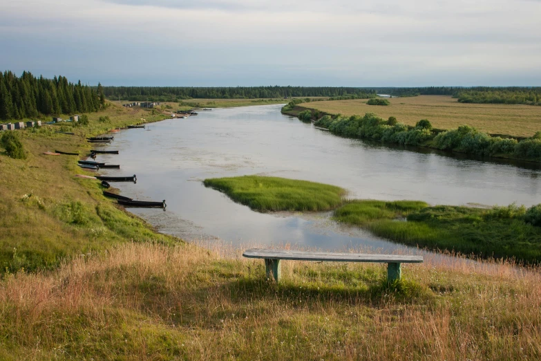 a bench sitting on top of a lush green hillside, by Alexander Fedosav, pexels contest winner, hurufiyya, river confluence, capital of estonia, marsh, grey