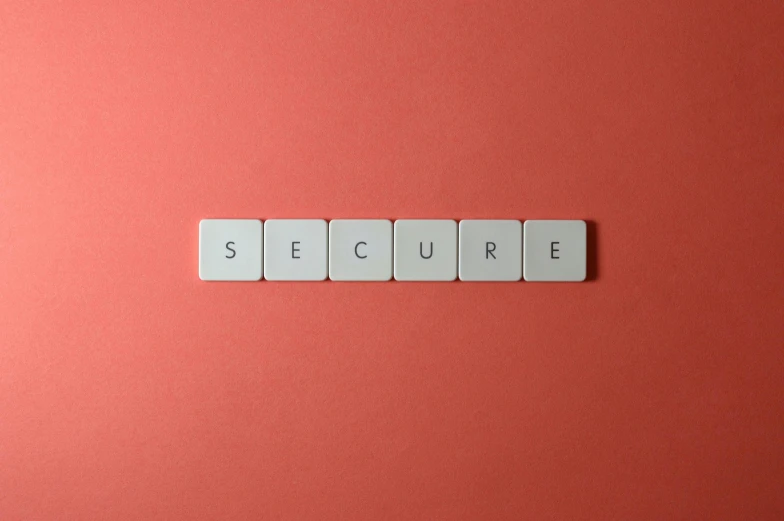 the word secure spelled in white tiles on a pink background, by Carey Morris, pixabay, private press, square, red brown and grey color scheme, hardware, hedge