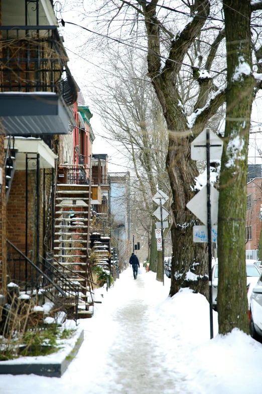 a person walking down a snow covered street, flickr, montreal, tall terrace, in 2 0 1 5, ignant