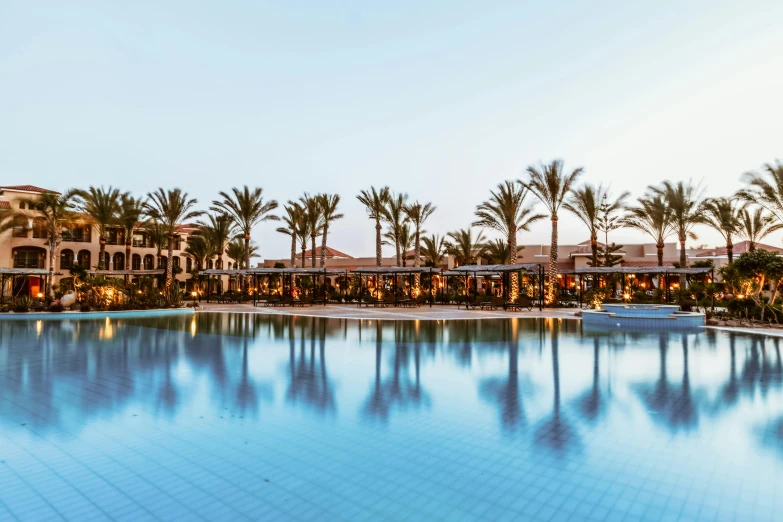 a large swimming pool surrounded by palm trees, by Julia Pishtar, red sea, wellness pool, reflections in copper, zenobia