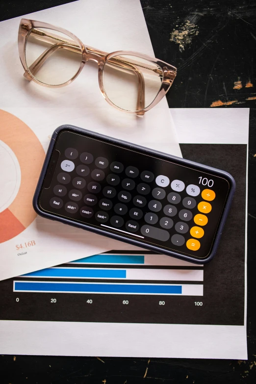 a calculator sitting on top of a table next to a pair of glasses, by Julia Pishtar, thumbnail, flat lay, commercial, bl