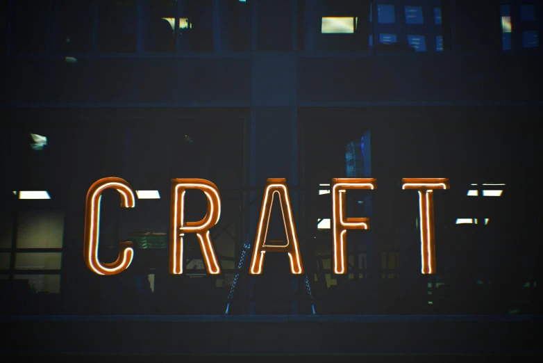 a neon sign that says craft in front of a building, by Matt Cavotta, pexels contest winner, arts and crafts movement, medium format. soft light, avatar image, backlighted, grainy
