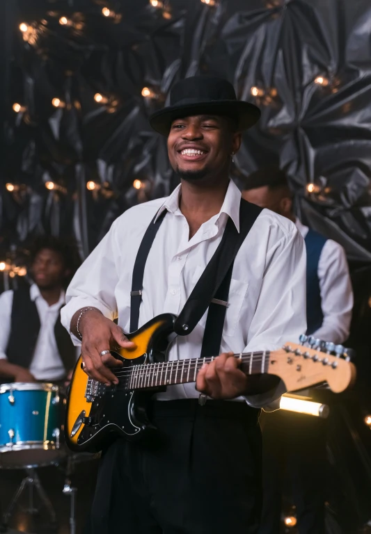 a man that is standing up with a guitar, pexels contest winner, harlem renaissance, smiling and dancing, perfectly lit. movie still, dressed in shako, 2015