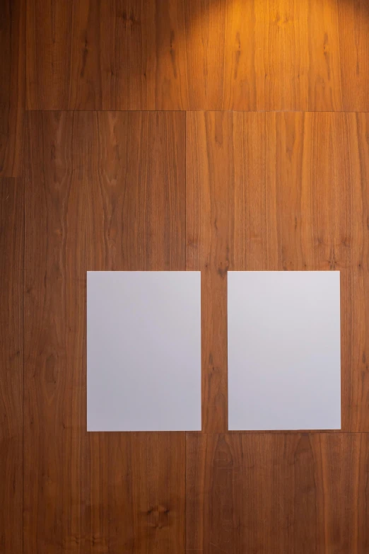 three blank white posters hanging on a wooden wall, poster art, by Jan Rustem, diptych, brown, 100lb cardstock, paul barson