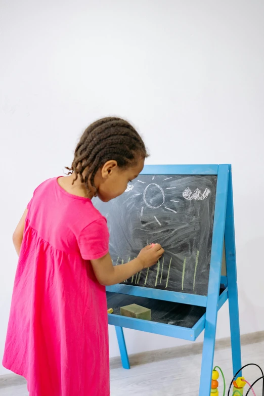 a little girl writing on a chalk board, by Arabella Rankin, interactive art, stands at a his easel, transparent, product shot, blue print