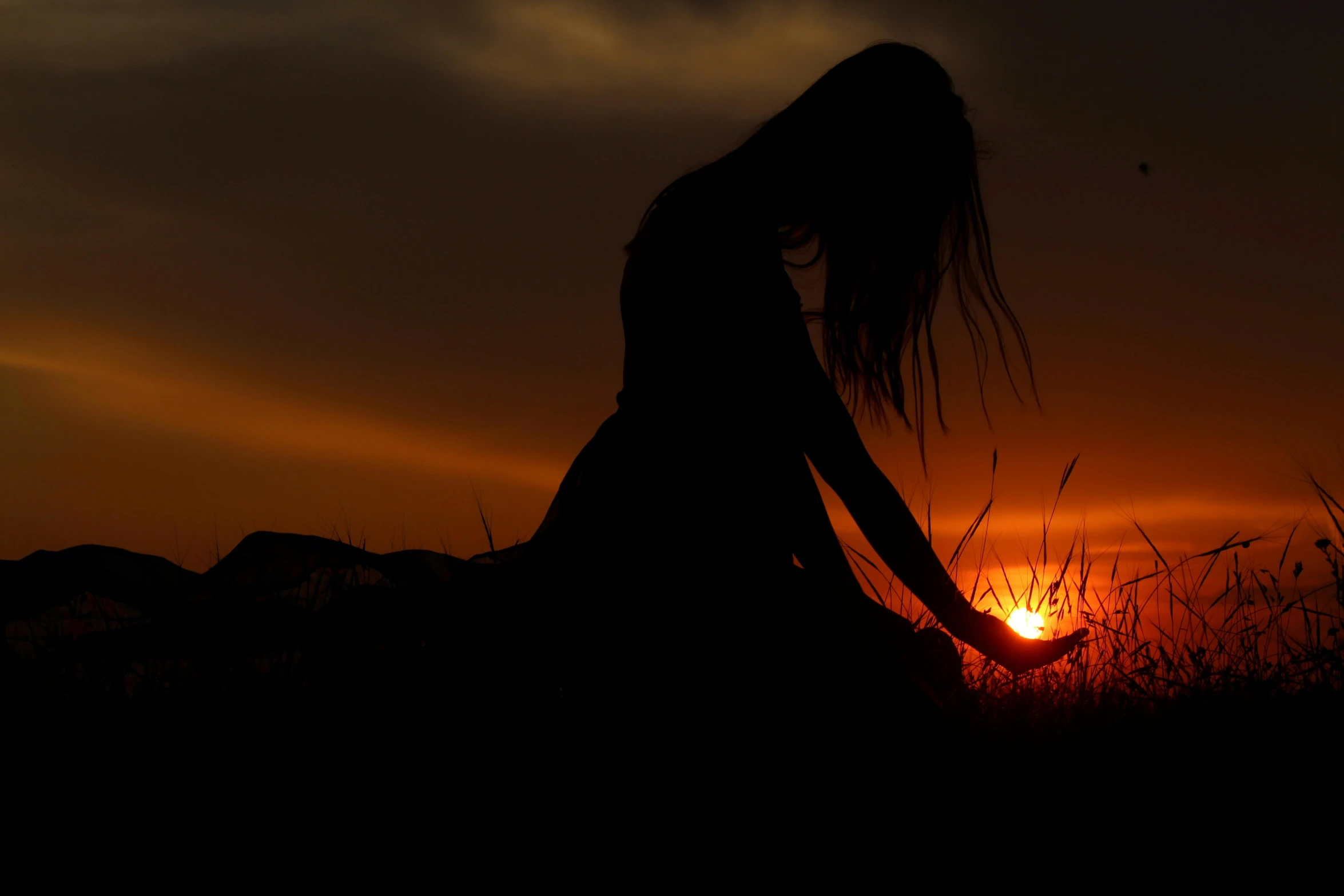 a silhouette of a woman sitting in a field at sunset, pexels contest winner, figuration libre, girl with long hair, devastated, dark dance photography aesthetic, profile image