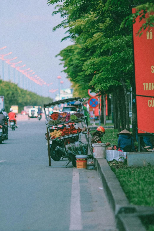 a group of people riding motorcycles down a street, by Julia Pishtar, trending on unsplash, colored fruit stand, vietnam soldier with skateboard, lots of signs and shops, red leaves on the ground