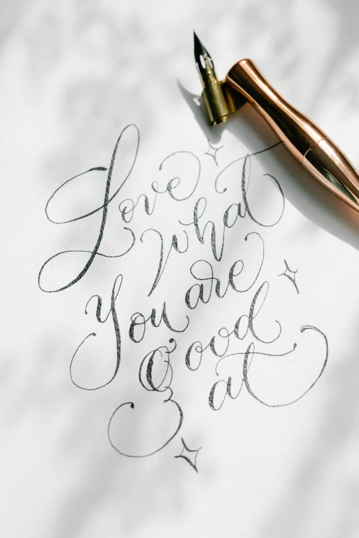 a fountain pen sitting on top of a piece of paper, lyco art, rose gold heart, flowing lettering, good vs evil, inspiration