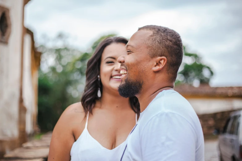 a man and a woman standing next to each other, pexels contest winner, happening, big cheeks, brazilian, they are in love, avatar image