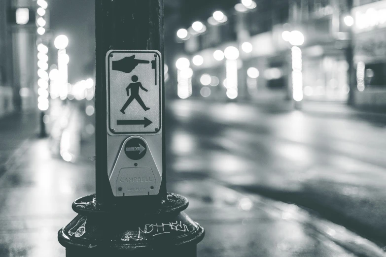 a black and white photo of a pedestrian crossing sign, by Adam Marczyński, trending on pexels, city lights bokeh, ilustration, dancing on a pole, by greg rutkowski