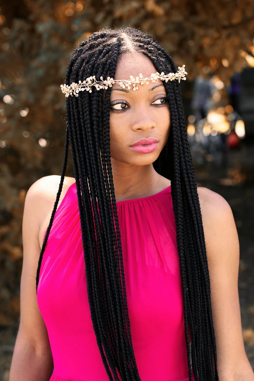 a woman in a pink dress posing for a picture, long black braids, thorn rose crown, sza, photo of a model