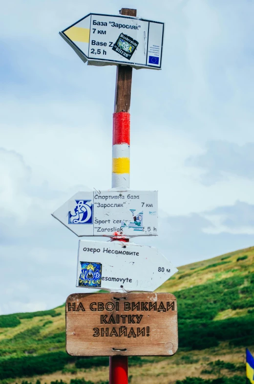 a wooden sign sitting on the side of a road, by Adam Marczyński, beach is between the two valleys, map, csók istván, shepherd's crook