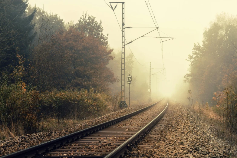 a train track surrounded by trees on a foggy day, pexels contest winner, romanticism, faded glow, autumnal, instagram post, station