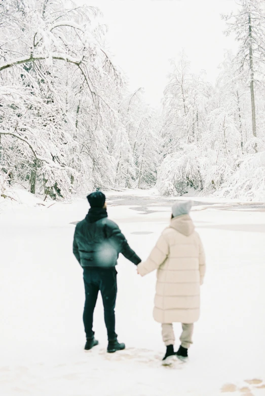 a man and a woman holding hands in the snow, a picture, trending on pexels, with his back turned, 🎀 🧟 🍓 🧚, looking off to the side, with a tall tree