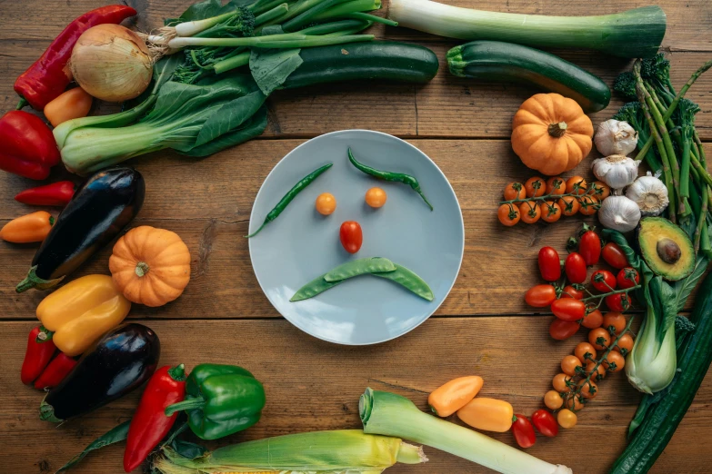 a plate with a face made out of vegetables, by Julia Pishtar, sad scene, background image, uncrop, market