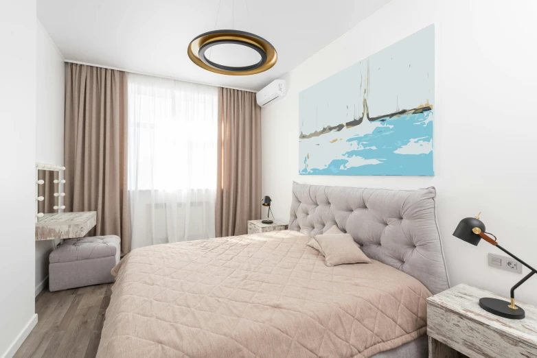 a bed room with a neatly made bed and a painting on the wall, by Adam Marczyński, pexels contest winner, lyco art, beige color scheme, bright sky, white and teal metallic accents, suspended ceiling