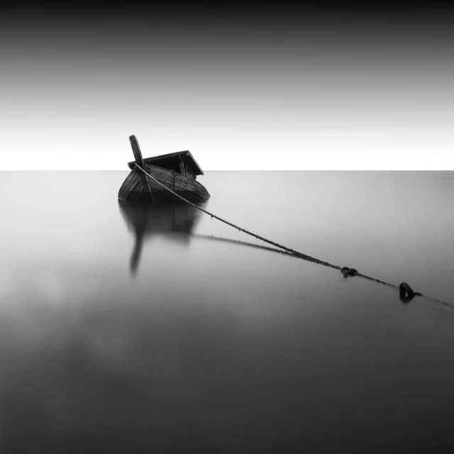a black and white photo of a boat in the water, by Dariusz Zawadzki, unsplash contest winner, minimalism, kerem beyit, blurred, surrealism!!!!, long exposure 8 k