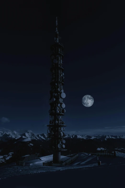 a tall tower sitting on top of a snow covered slope, by Sebastian Spreng, unsplash contest winner, the moon orbiting other moons, radio signals, television still, on a dark background