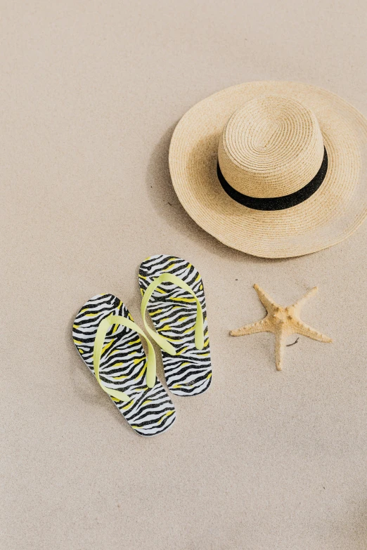 a hat, flip flops, and starfish on a beach, a picture, pexels, minimalism, zebra stripes, glossy yellow, casually dressed, two tone