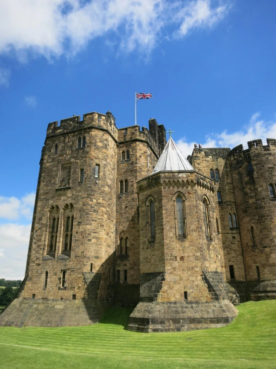 a large castle sitting on top of a lush green field, up close, award - winning crisp details ”, mortar, built on a steep hill