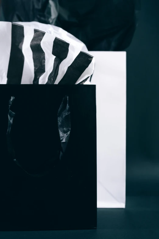 a black and white bag sitting on top of a table, pexels contest winner, hypermodernism, birthday wrapped presents, zebra stripes, dark blue and white robes, on black paper