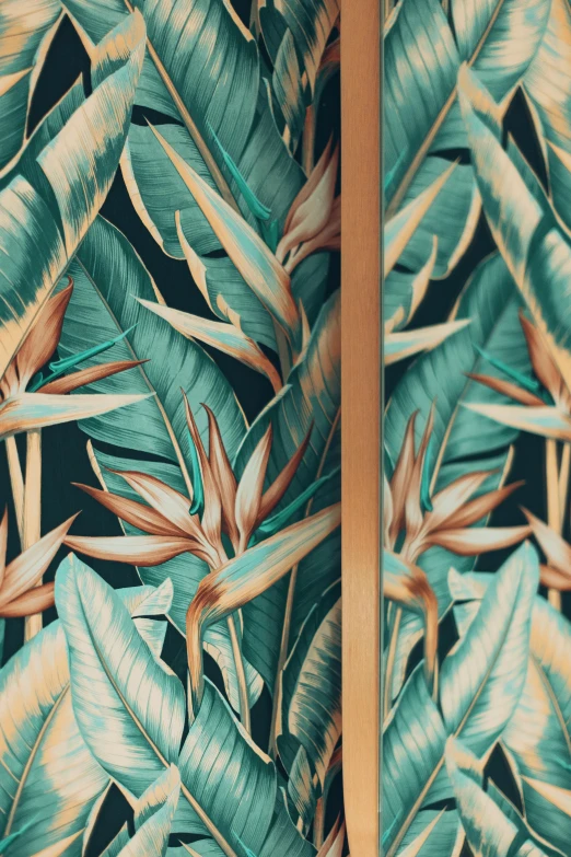 a suitcase sitting on top of a wooden floor, poster art, trending on pexels, baroque, tropical foliage, diptych, textile print, gold and teal color scheme