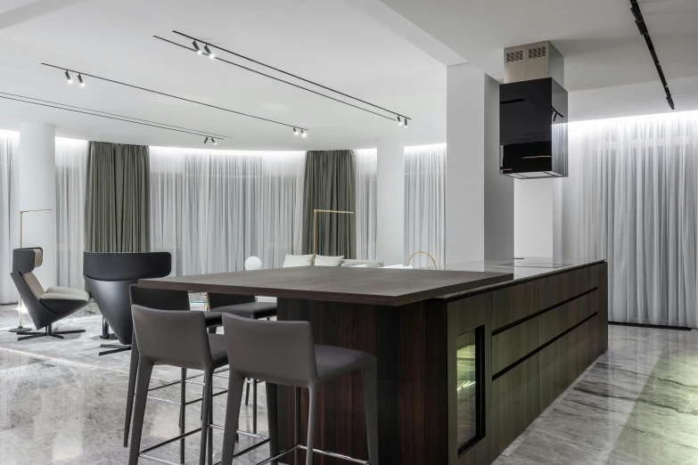 a kitchen with a center island and bar stools, inspired by Emilio Grau Sala, minimalism, neo kyiv, bespoke, vtm, lounge