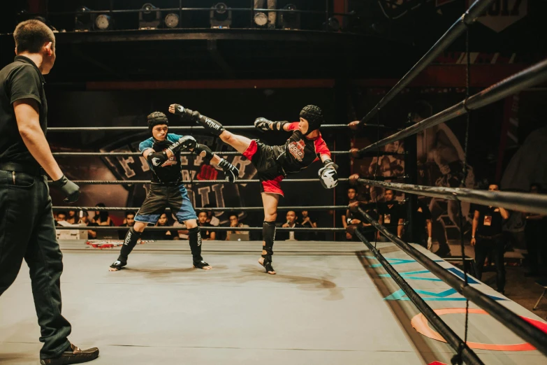 a couple of men standing on top of a wrestling ring, pexels contest winner, arabesque, heroic muay thai stance pose, rumble roses, doing a kick, jordan grimmer and natasha tan