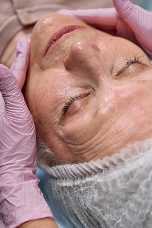 a close up of a person getting a facial lift, happening, uploaded, soft opalescent membranes, old lady, square