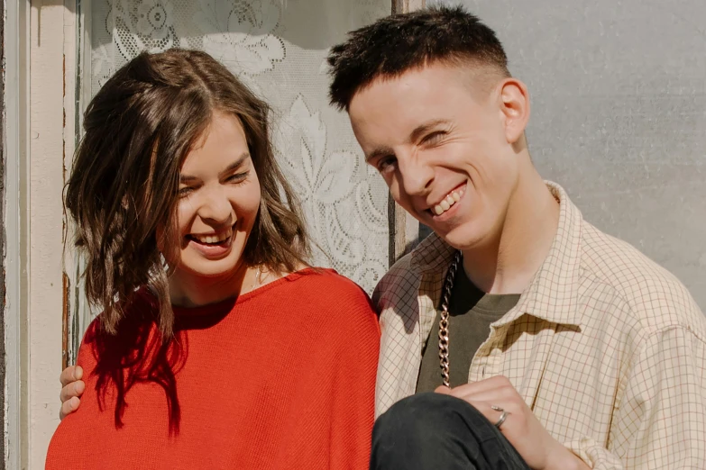 a man and a woman standing next to each other, an album cover, pexels contest winner, smiling laughing, teenage girl, lachlan bailey, julian ope