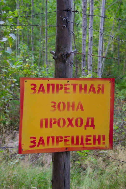 a yellow and red sign sitting on the side of a road, inspired by Vladimir Borovikovsky, ((forest)), trenches bombs, vodka, land mines