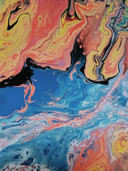 a close up of a painting on a table, inspired by Yanjun Cheng, trending on unsplash, metaphysical painting, made of liquid, ( ( ( koi colors ) ) ), multi - coloured, swirly