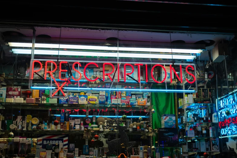 a store with a neon sign that says prescriptions, a portrait, pexels, our desperation, celebration, knick knacks, lucas graziano