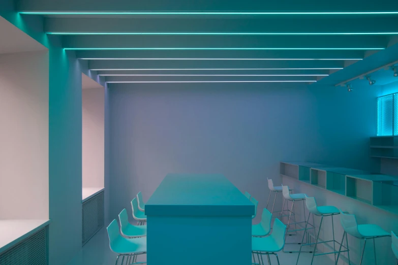 a room that has a table and chairs in it, a digital rendering, inspired by Évariste Vital Luminais, light and space, led light strips, dayglo blue, overhead lighting, glowing hue of teal