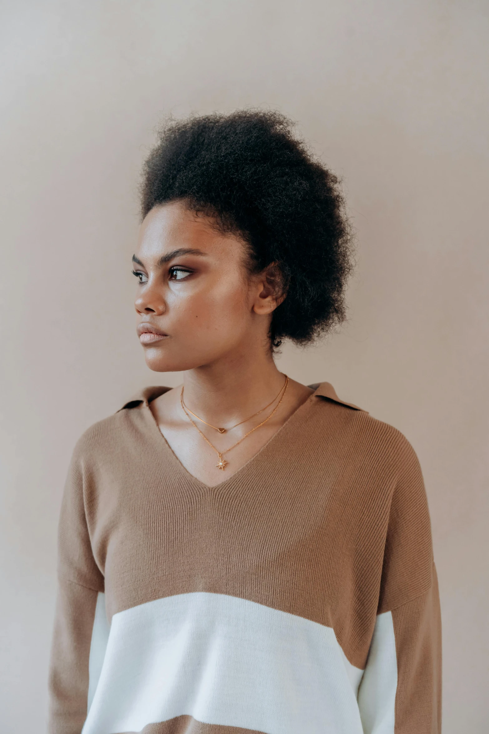 a woman wearing a brown and white sweater, trending on pexels, natural hair, wearing v - neck top, line sleek, full product shot