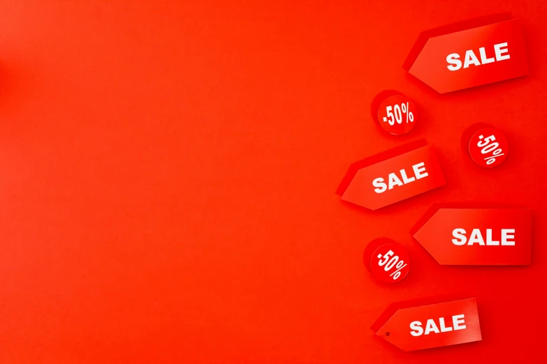 a number of sale tags on a red background, trending on unsplash, clemens ascher, 🎀 🗡 🍓 🧚, 15081959 21121991 01012000 4k, red banners