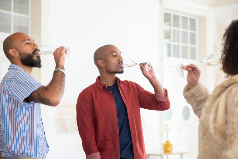 a group of people standing around drinking wine, profile image, digital image