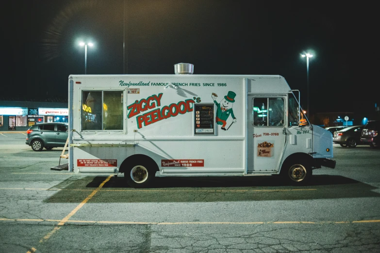 a food truck parked in a parking lot at night, a portrait, by Dan Frazier, pexels contest winner, lyco art, zig zag, white background, 90s photo, fan favorite