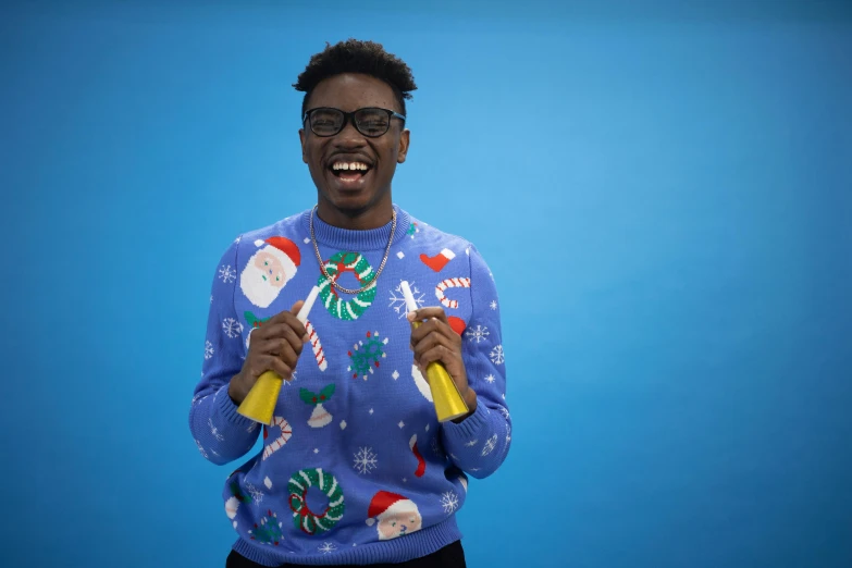 a man in a blue ugly ugly ugly ugly ugly ugly ugly ugly ugly ugly ugly ugly ugly ugly ugly ugly ugly ugly ugly ugly ugly ugly ugly, pexels contest winner, black teenage boy, candy canes, holding a yellow toothbrush, justin roiland