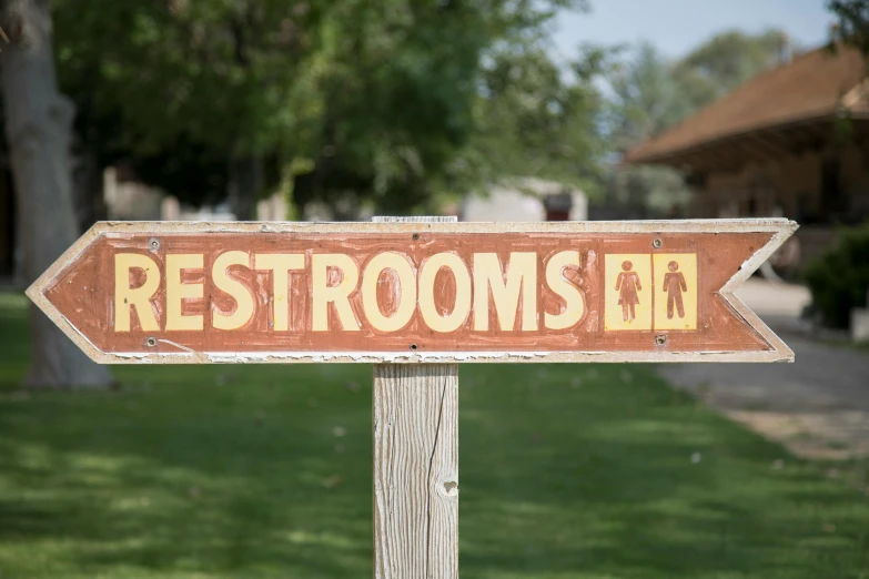 a wooden sign sitting on the side of a road, by Jessie Algie, pexels, in bathroom, a park, brown, greg rutwoski
