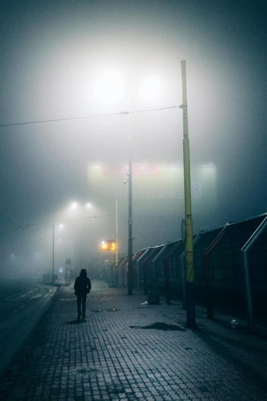 a person walking down a street at night, pexels contest winner, conceptual art, morning fog, cold colors, standing in township street, dark city bus stop