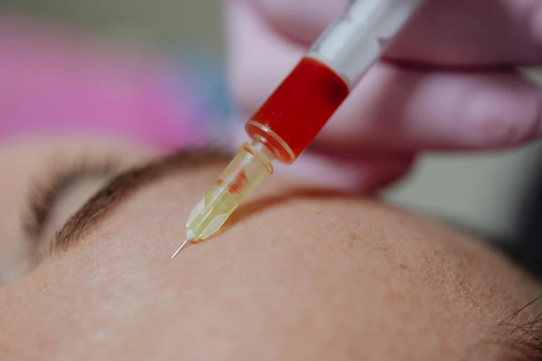 a close up of a person getting an injection, pexels, process art, red ink sharp focus, thumbnail, warm shading, black head