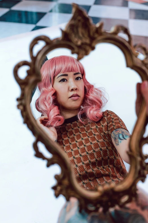 a woman with pink hair standing in front of a mirror, an album cover, trending on pexels, rococo, asian descent, headshot, hearts, ben lo