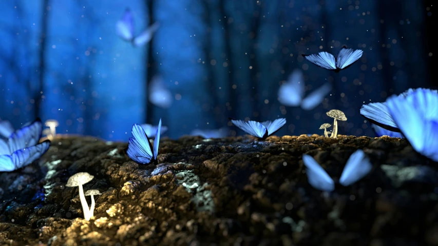 a bunch of butterflies that are flying around, pexels contest winner, magical realism, bioluminescent forest floor, 3d with depth of field, moonlit lighting, today\'s featured photograph 4k