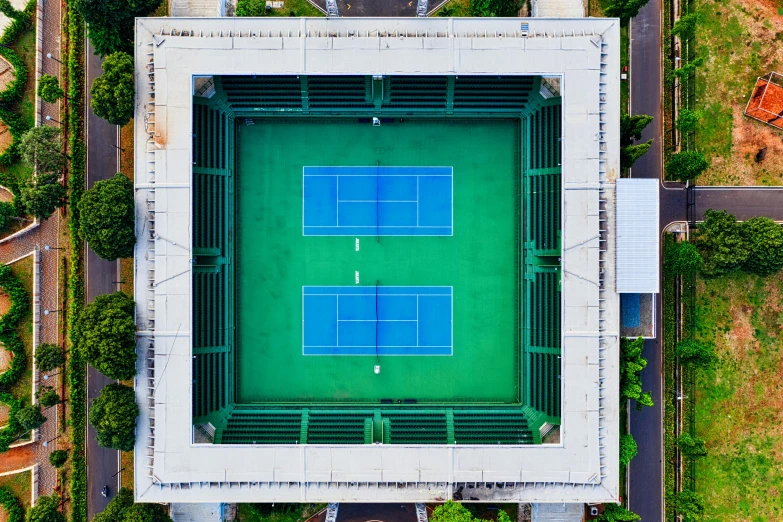 a bird's eye view of a tennis court, an album cover, inspired by Hans Mertens, unsplash contest winner, symmetrical 4k, square, shot with sony alpha 1 camera, 8 k hi - res