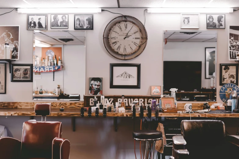 a barber shop with a large clock on the wall, a portrait, trending on pexels, lyco art, full room view, profile image, darren bartley, ivy's