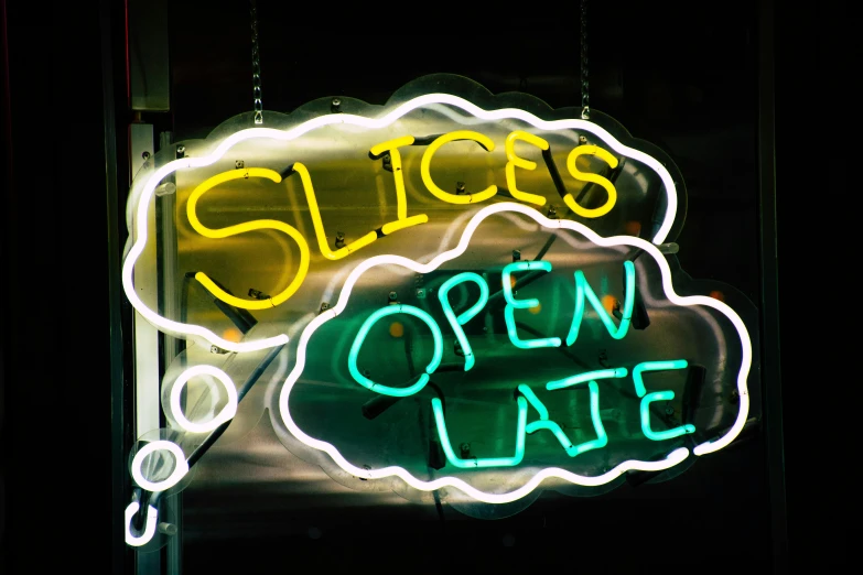 a neon sign that says slicers open late, pexels, renaissance, rice, alice, 2000s photo, 🍸🍋