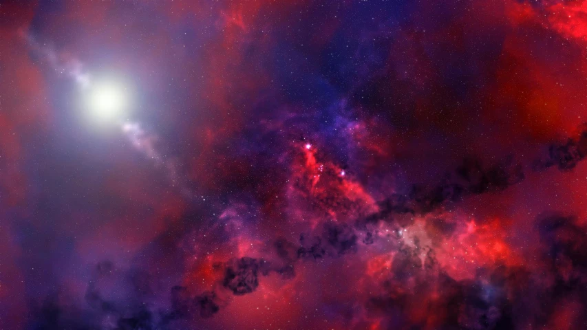 a red and purple galaxy with a bright star in the background, an album cover, pexels, spaceengine, vibrant red 8k, dreamy atmospheric, cloud nebula