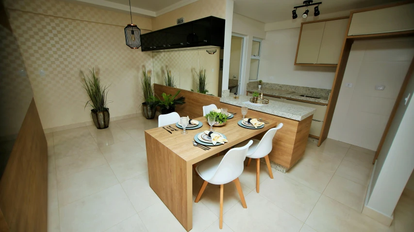 a kitchen with a wooden table and white chairs, by Basuki Abdullah, jakarta, tabletop model, fresh modern style, counter