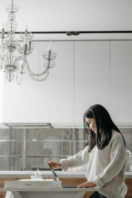 a woman working on a laptop in a kitchen, inspired by Li Di, pexels contest winner, minimalism, chandeliers, standing, woman with black hair, movie photo